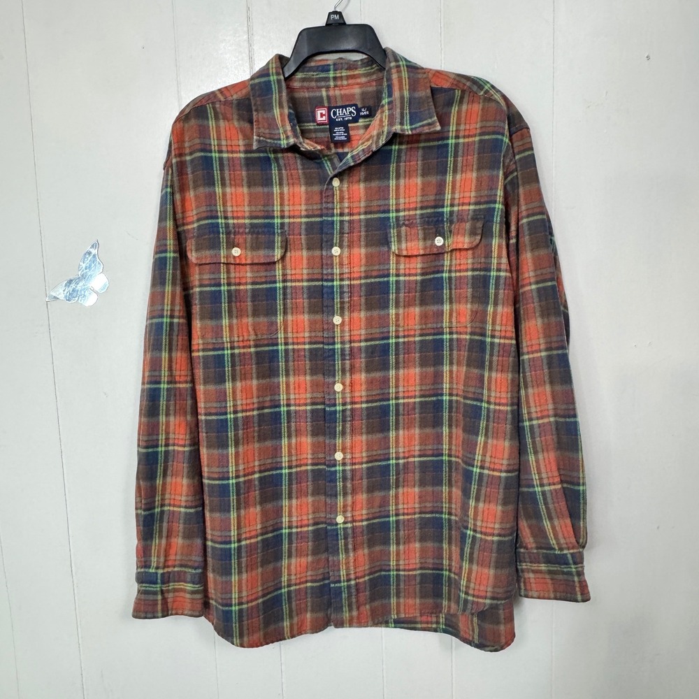 Chaps Mens XL Flannel Shirt Plaid Long Sleeve Button Up Casual Orange Blue
